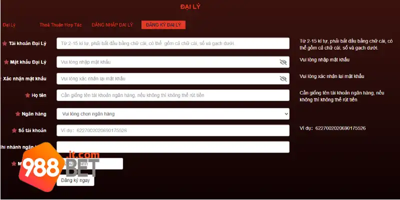 Đại Lý 988Bet: Cơ Hội Kiếm Thu Nhập Hấp Dẫn Và Chuyên Nghiệp 3 Đăng ký để trở thành đại lý chính thức của 988Bet